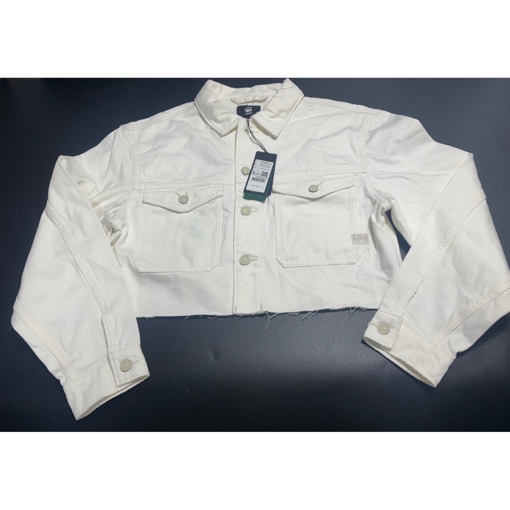 G Star RAW Cropped Wander Jacket Womens LT CHALK Light White Denim Destroyed Med
